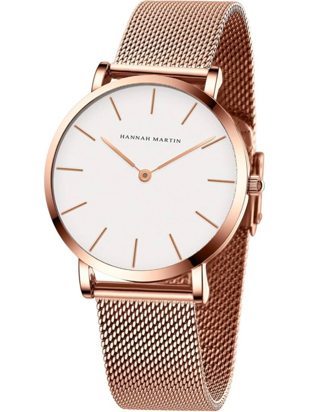 Womens Rose Gold And White Stainless Steel Mesh Strap Minimalist Slim Dial Watch